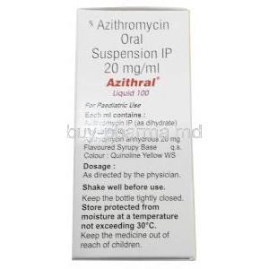 Azithral Liquid 100, Azithromycin 20mg per mL, 15mL, Alembic Pharmaceuticals Ltd, Box information, Dosage