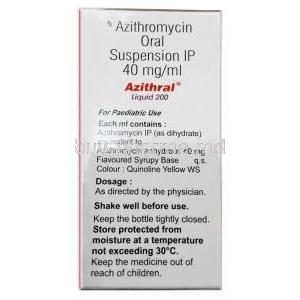 Azithral Liquid 200, Azithromycin 40mg per mL, 15mL, Alembic Pharmaceuticals Ltd, Box information, Dosage