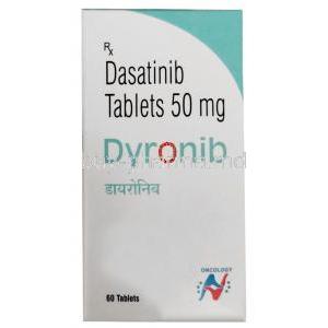 Dyronib, Dasatinib 50mg, 60tablets, Hetero Drugs Ltd, Box front view