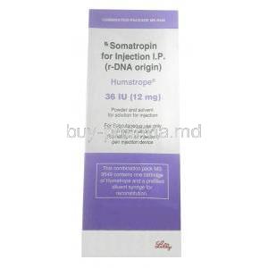 Humatrope Injection, Somatropin 36IU (12mg),Injection vial, Eli Lilly India,Box front view