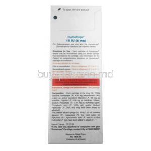 Humatrope Injection, Somatropin 18IU(6mg),Injection vial, Eli Lilly India,Box information, Direction for use