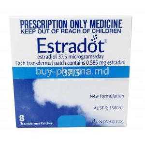 Estradot Patches, Oestradiol(Estradiol) 37.5mcg per 24 Hrs, Novartis, Box front view