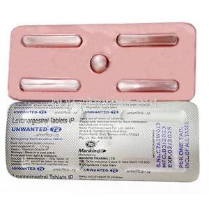 Unwanted-72, Levonorgestrel 1.5 mg, 1tablet, Mankind Pharma, Blisterpack, front and back view