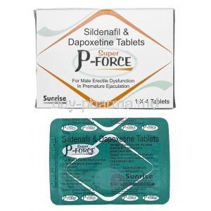 Super P Force, Sildenafil 100 mg/ Dapoxetine 60 mg, Sunrise Remedies, Box front view, Blisterpack information