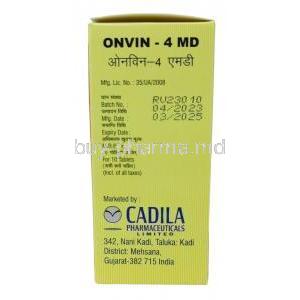 Onvin MD, Ondansetron 4 mg, Cadila Pharma, Box information, Mfg date, Exp date