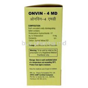 Onvin MD, Ondansetron 4 mg, Cadila Pharma, Box information, Dosage, Storage