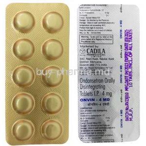 Onvin MD, Ondansetron 4 mg, Cadila Pharma, Blisterpack front view, back view