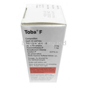Toba F Eye Drop, Tobramycin 0.3% wv / Fluorometholone 0.1% wv,Eye Drop 5mL,Sun Pharmaceutical Industries, Box information,Composition