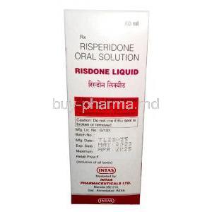 Risdone Liquid, Risperidone 1 mg/mL, Oral Solution 60mL,Intas Pharmaceuticals,Box information, Mfg date, Exp date