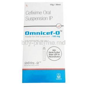 Omnicef O, Cefixime Oral Suspension for Paediatric, 100mg, 15g per 30ml, Aristo, Box front view