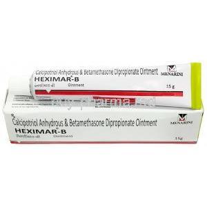 Heximar-B Ointment, Betamethasone 0.05% w/w / Calcipotriol 0.005% w/w, Ointment 15 g, Menarini India, Box, Tube