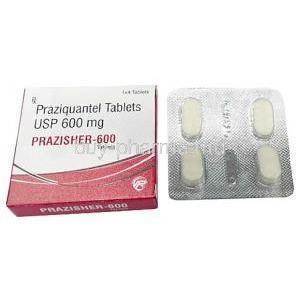 Prazisher, Praziquantel 600mg, Asher Pharmaceuticals, Box front view, Blisterpack front view