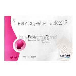 Postpone-72, Levonorgestrel 1.5mg, 1tablet, Leeford healthcare, Box front view