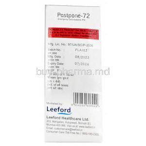 Postpone-72, Levonorgestrel 1.5mg, 1tablet, Leeford healthcare, Box information