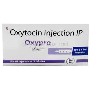 Oxypro Injection, Oxytocin 5 IU, 5 x 1mL Injection ampoule, Themis Pharmaceuticals, Box front view