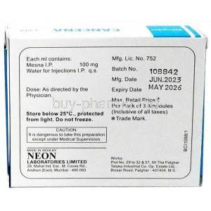 Cancena Injection, Mesna 200mg, 3 Ampoules, Neon Laboratories, Box information