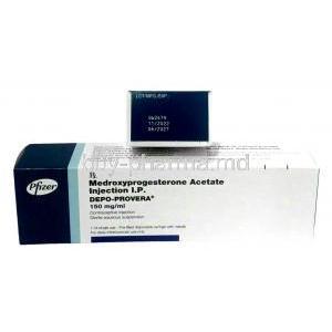 Depo-provera Injection,Medroxyprogesterone 150 mg/mL, Pfizer, Box front and side view