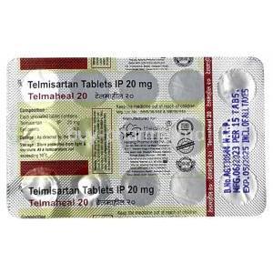 Telmaheal 20, Telmisartan 20mg, Healing Pharma India,Blisterpack information