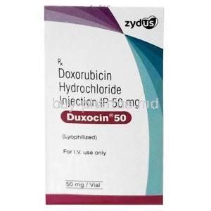 Duxocin Injection, Doxorubicin 50mg, Injection Vial for I.V, Zydus Cadila, Box front view