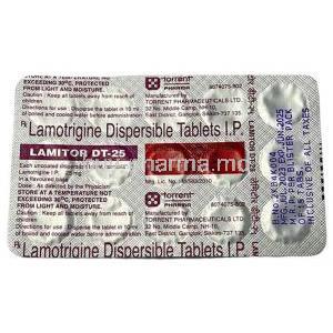 Lamitor DT 25, Lamotrigine 25mg, Torrent Pharma, Blisterpack information