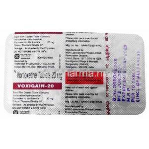 Voxigain-20, Vortioxetine 20mg, 100tablets, Torrent Pharmaceuticals Ltd,  Blisterpack information