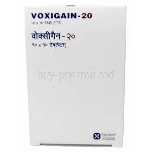Voxigain-20, Vortioxetine 20mg, 100tablets, Torrent Pharmaceuticals Ltd, Box side view