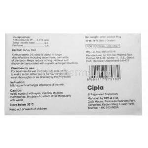 Ketocip Soap, Ketoconazole 2%, Soap 75g, Cipla Ltd, Box information