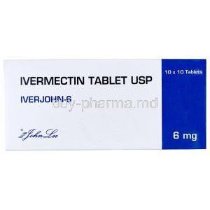 Iverjohn 6, Ivermectin 6 mg, Johnlee Pharmaceuticals, Box front view