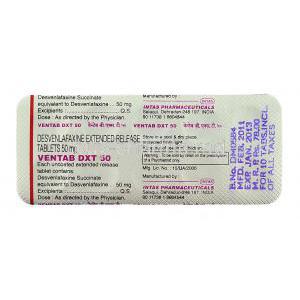 Ventab DXT, Generic Pristiq,  Desvenlafaxine 50 mg packaging