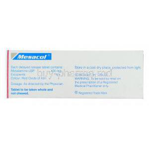 Mesacol, Generic Asacol, Mesalazine 400 mg  box information