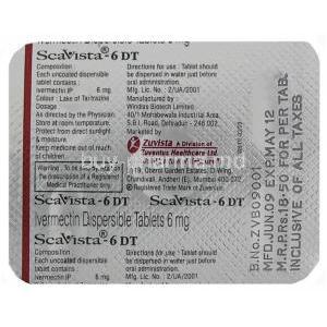 Scavista-6 DT, Generic Stromectol,  Ivermectin 6mg Tablet (Zuvista) Blister Pack Back