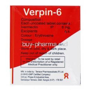 Verpin-6, Ivermectin tablets , 6 mg 4 tabs, Box side presentation with ingredient information