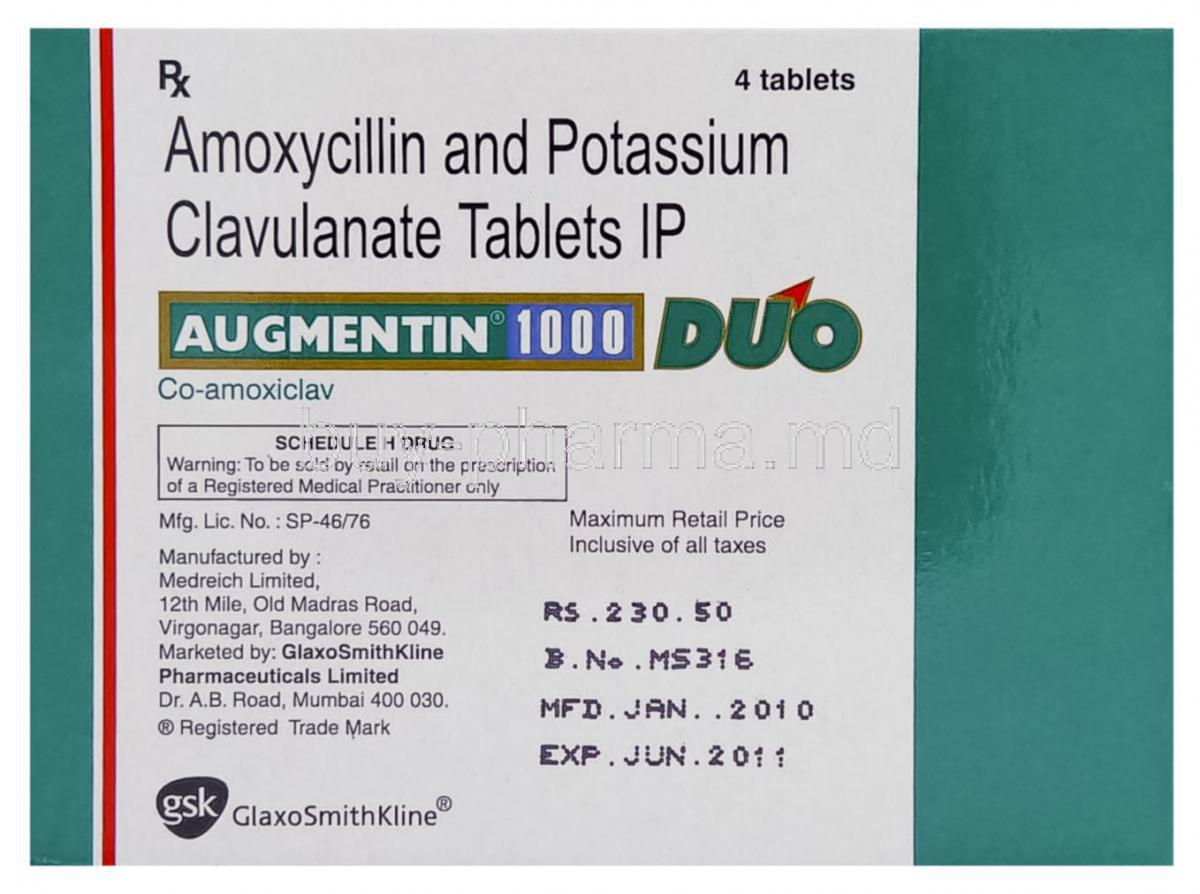 augmentin,阿莫西林和克拉维酸钾 875 毫克/ 125 毫克 片 (gsk) 盒子