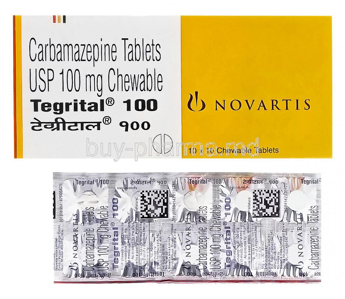 Tegrital, Generic Tegretol, Carbamazepine 100mg Chewable Tablet