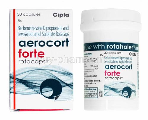 Aerocort Forte Rotacap, Levosalbutamol and Beclometasone box and capsule bottle