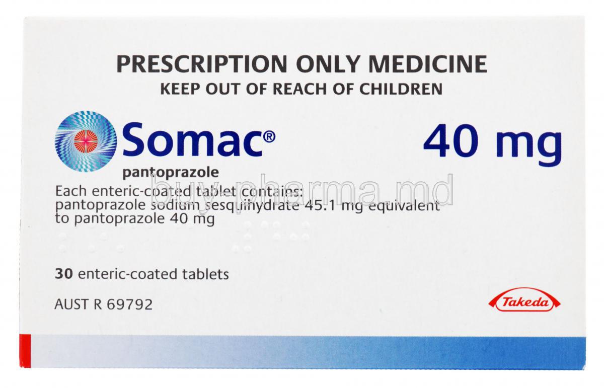 Somac, Pantoprazole, 40mg, 30 enteric-coated tablets, box front presentation, contents of each tablet, Takeda