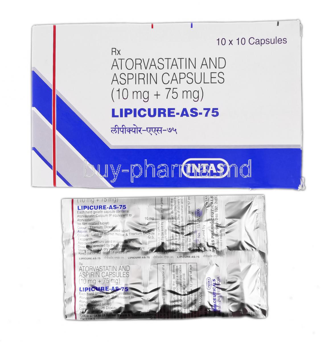 Lipicure-AS-75, Generic Lipitor ASP, Atorvastatin and Aspirin, 10 mg and 75 mg, Box and Strip