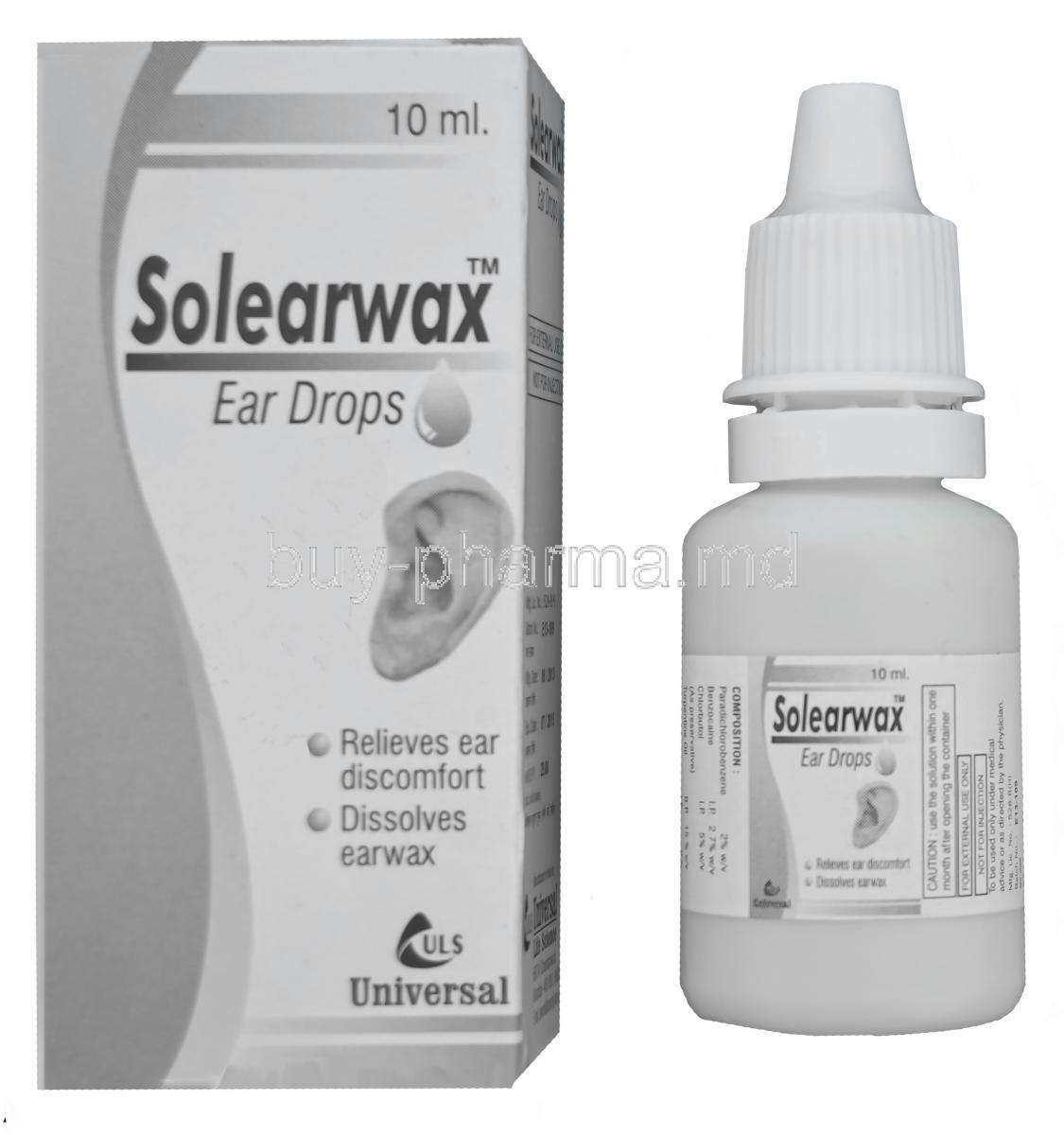 Solearwax Ear Drops, Paradichlorobenzene 2% Benzocaine 2.7% Chlorbutol 5% 10ml