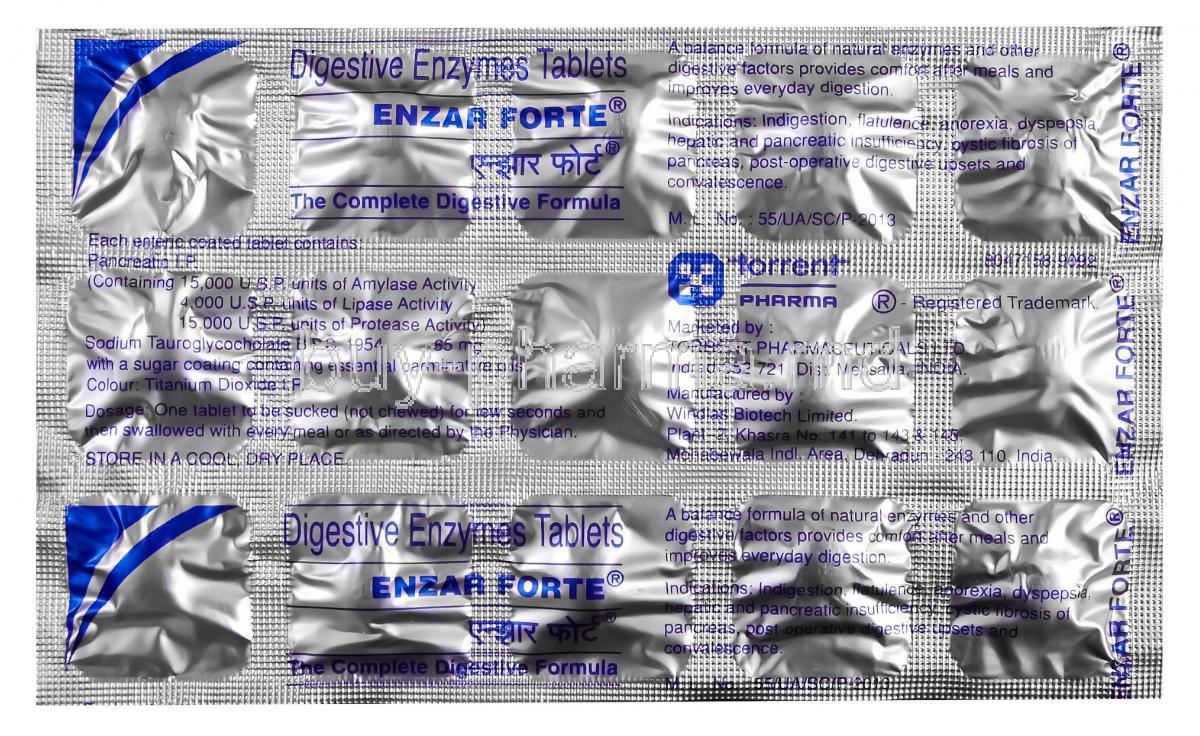 Enzar Forte, Generic Pancreatin, 15000 units Amylase Activity with 4000 units Lipase Activity with 15000 units Protease Activity and Sodium Tauroglycocholate 65mg Tablet Blister Pack