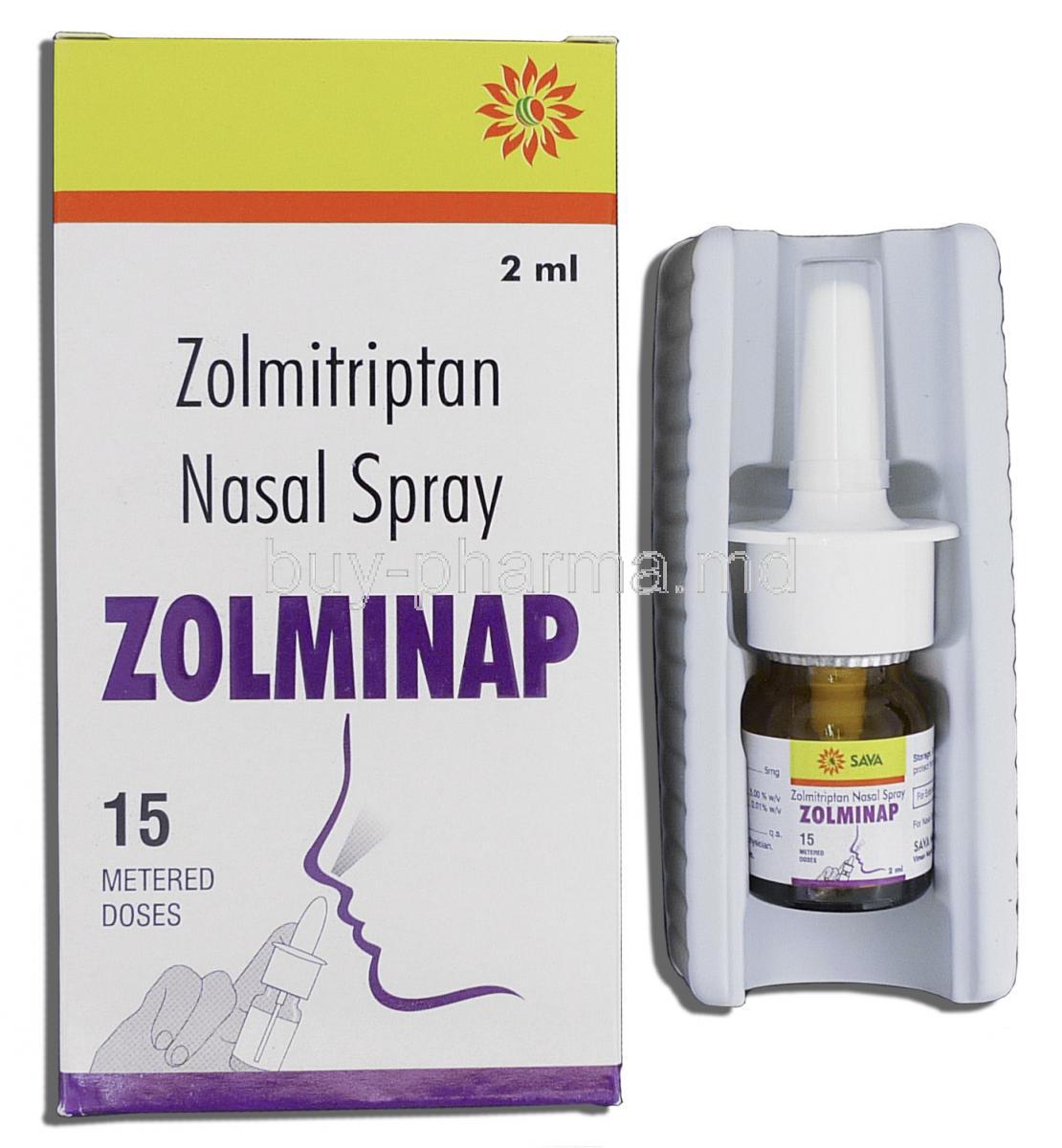 Zolminap Nasal Spray, Zolmitriptan  2ml 5mg, Box and Spray