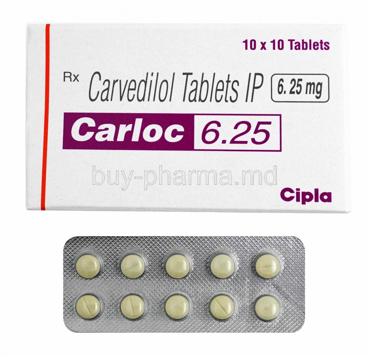 Carloc, Carvedilol 6.25mg box and tablets