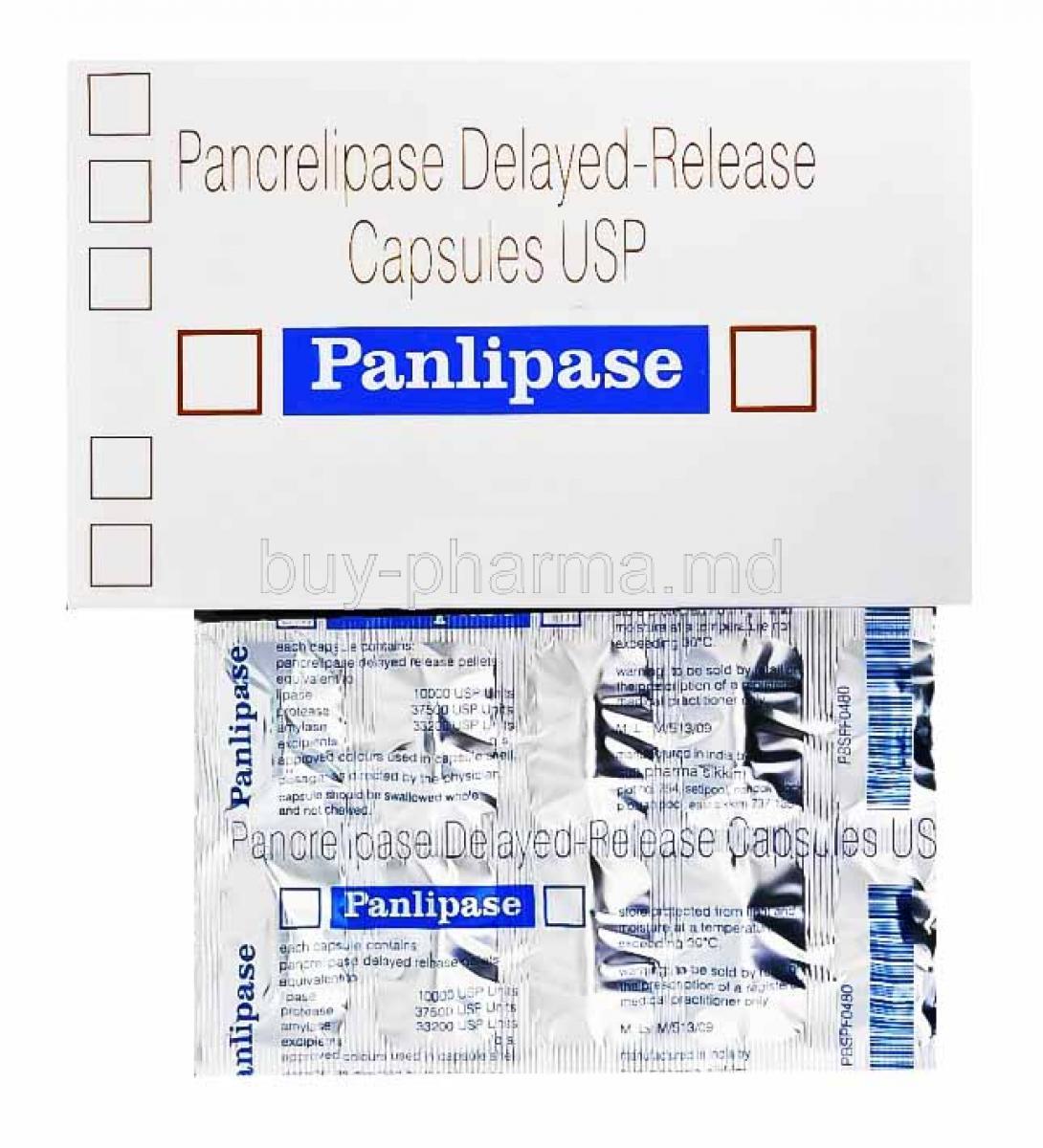 Panlipase, Pancreatin. box and capsules