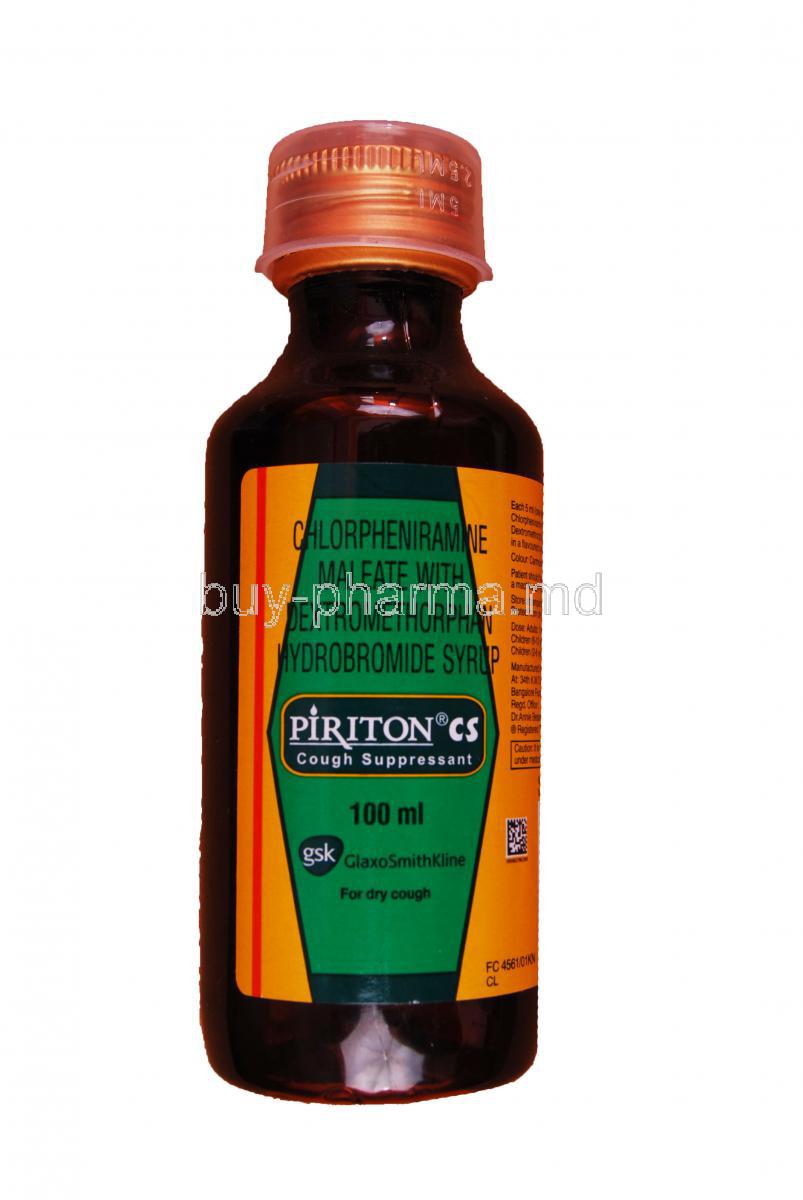 Piriton CS Cough Suppressant, Chlorpheniramine Maleate 4mg per 5ml and Dextromethorphan Hydrobromide 10mg per 5ml 100ml Bottle