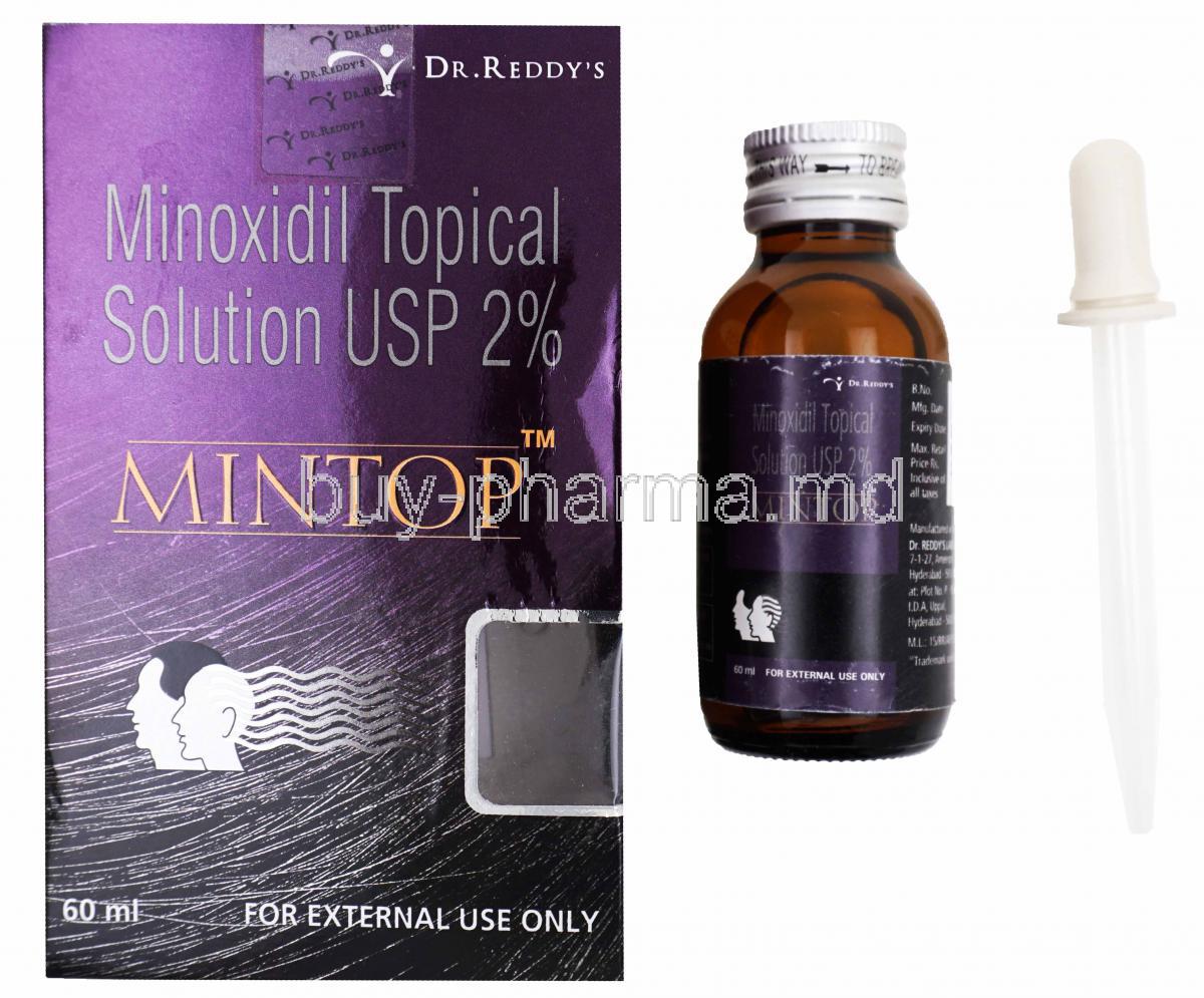 Mintop, Minoxidil Topical Solution 2% 60ml Box , bottle and pipette presentation
