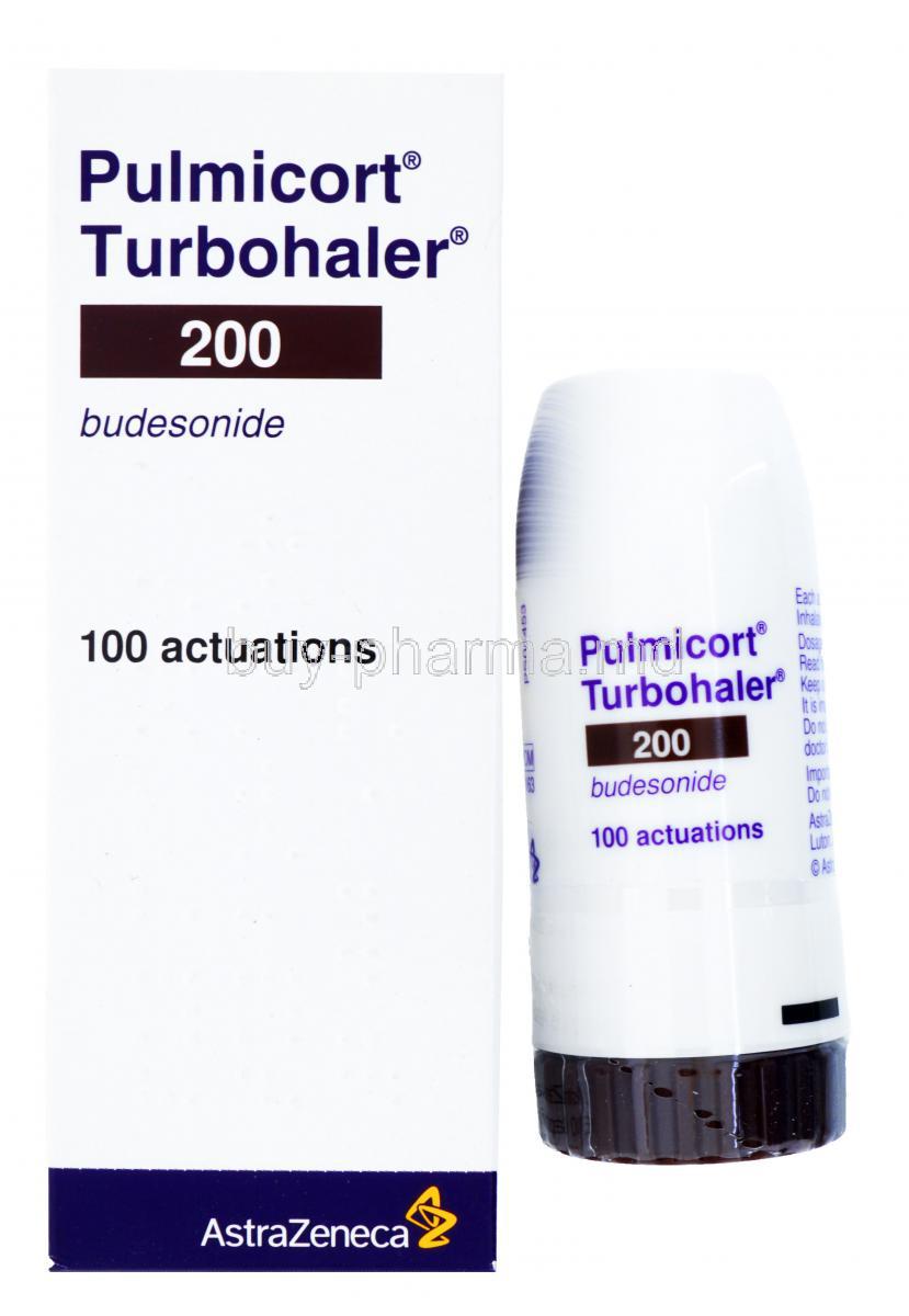 Pulmicort Inhaler, Budesonide, 200, 100actuations, AstraZeneca, Box and bottle front presentation