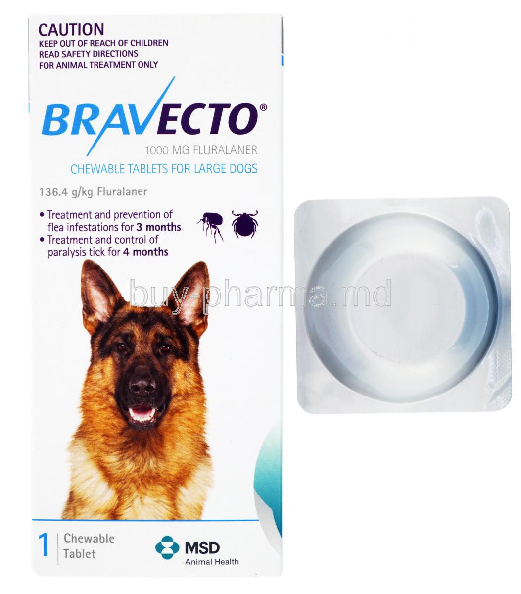 Bravecto,Fluralaner, 1000mg 136.4 g/kg Fluralaner, Chewable tablets for large dogs, 1 chewable tablet, box and blister pack front presentation, MSD animal health