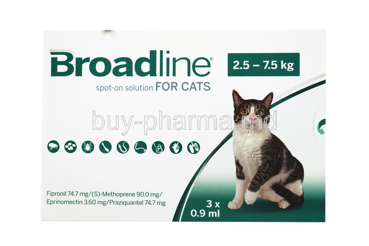 Broadline Spot-on Solution for Cats,  Fipronil, (S)-Methoprene, Eprinomectin and Praziquantel , 74.7mg/90.0mg/3.60mg/74.7mg, 2.5-7.5kg, 3 x 0.9ml, box front presentation