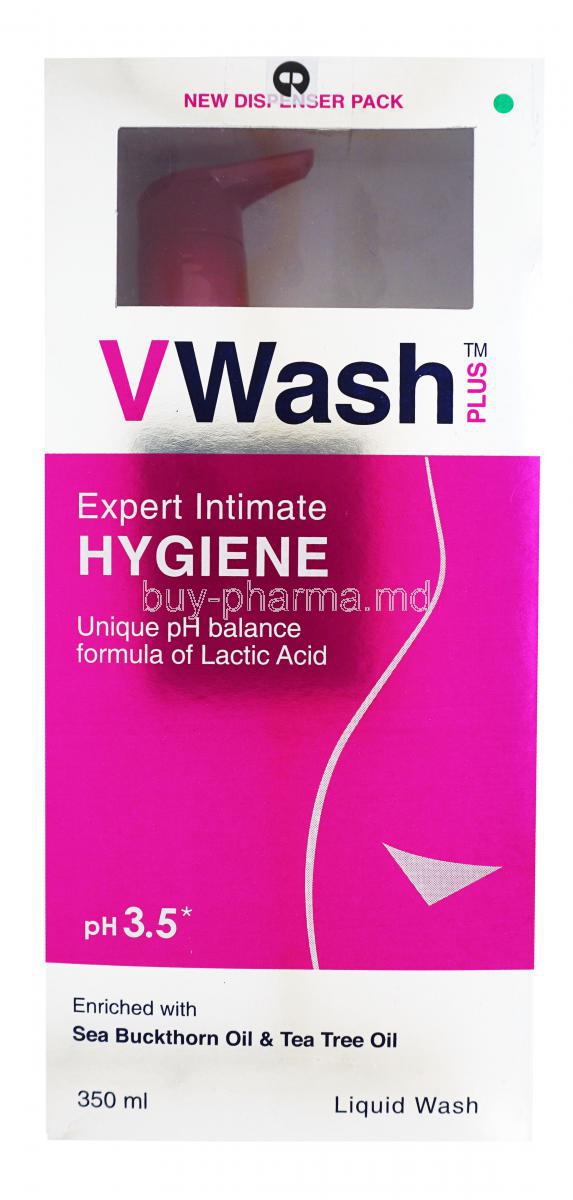 VWash Plus, Expert Intimate Hygiene, pH3.5 350ml, Liquid wash enriched with buckthorn oil& tea tree oil, Box front presentation