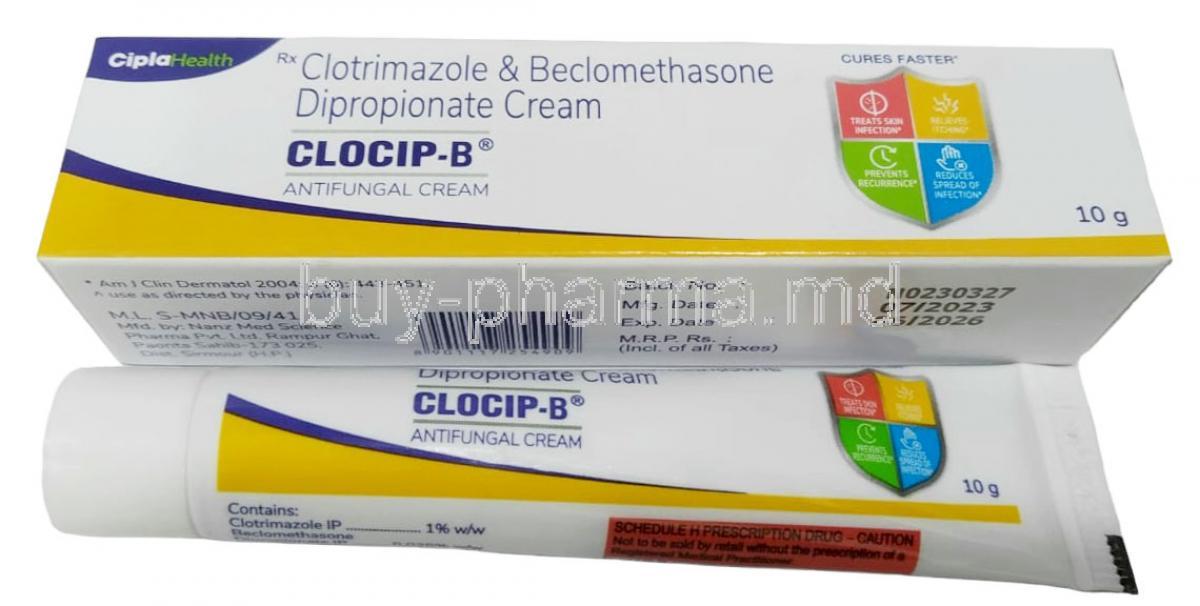 Clocip-B Cream, Beclometasone 0.025% w/v / Clotrimazole 1% w/v, Cream 10g, Cipla, Box information, Tube front view