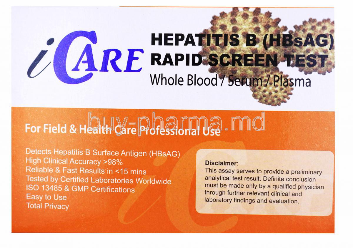 iCare Hapatitis B Rapid Screen Test Kit, Whole blood/ Serum/ Plasma, Box pront presentation with disclaimer label.